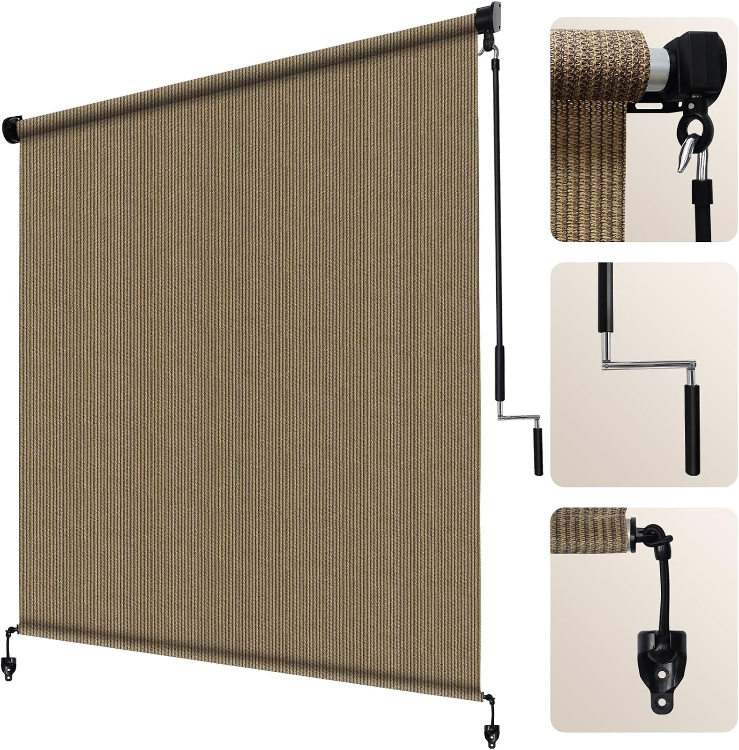 Artpuch Outdoor Roller Shade 8' W x 8' H, Mocha Exterior Cordless Patio Shades Roll Up Blinds with Spliced Pole Design, (2 Poles, One-Piece Fabric)