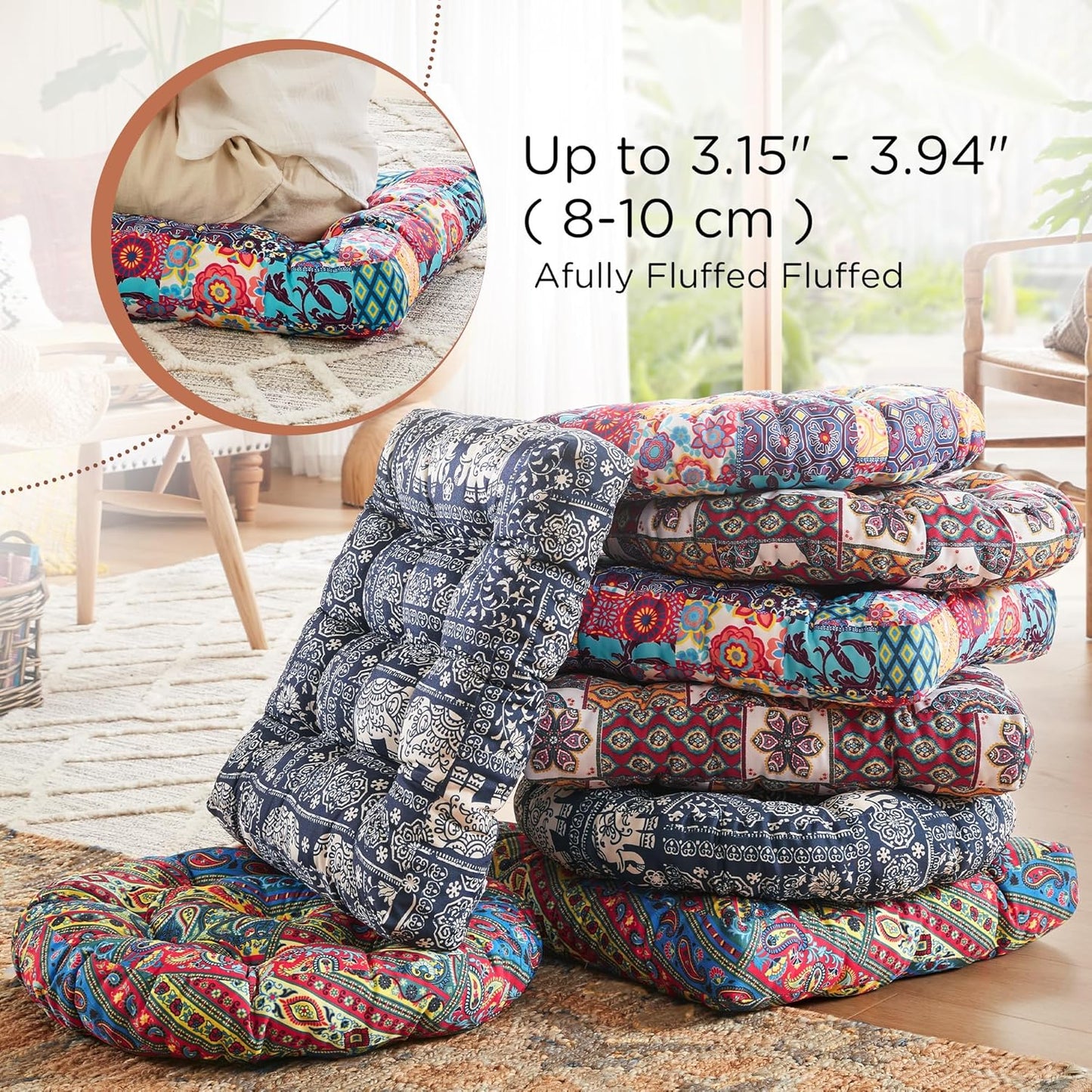 Codi Floor Cushions Seating for Adults and Kids Set of 2, Square Large Boho Pillows for Yoga Living Room Tatami Sitting Home Decor, Memory Foam Added, 22x22 Inch Multi Patchwork