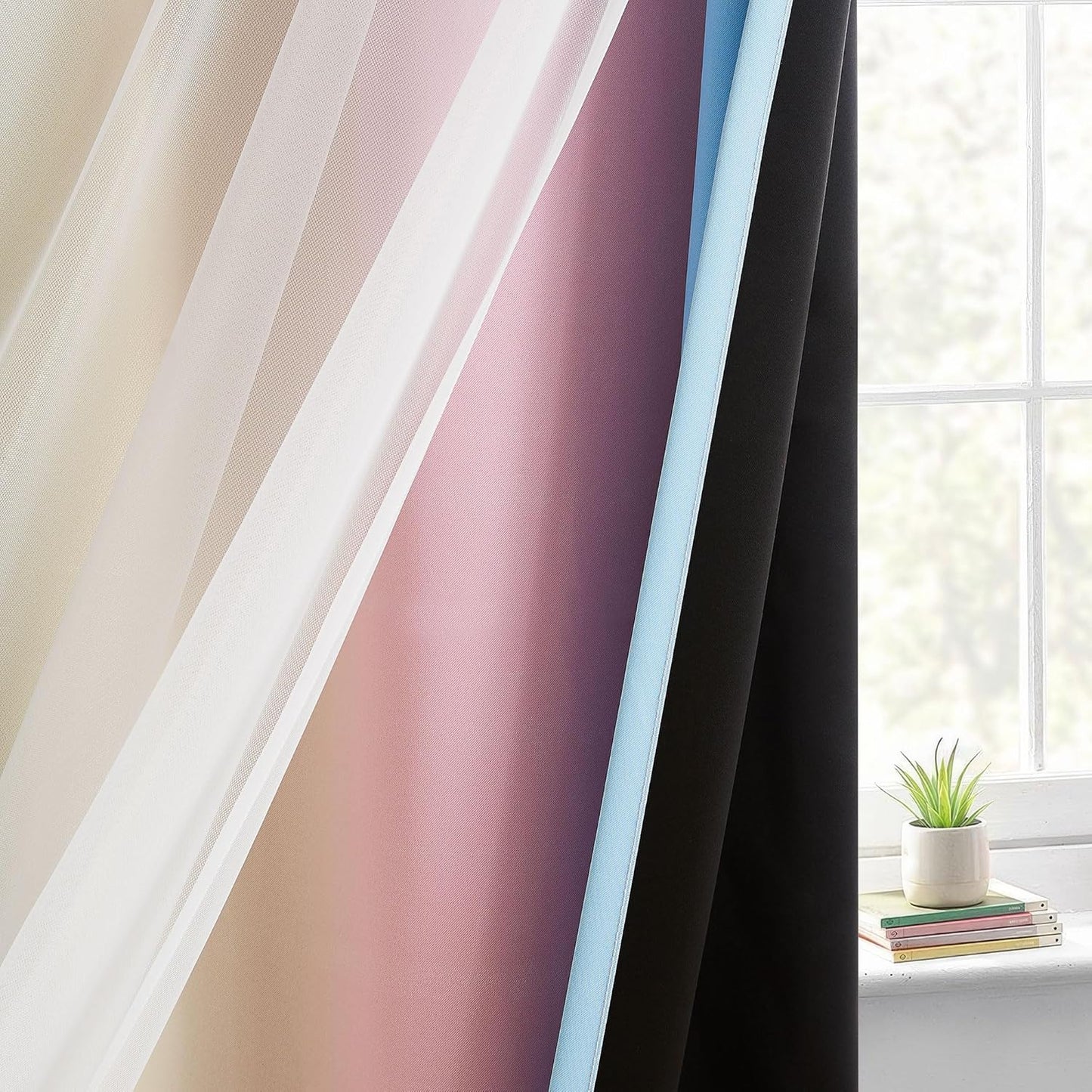 100% Blackout Curtains with Sheer Overlay Mix and Match Double Layer Drapes 84 Inch Long 2 Panels for Room Bedroom Ombre Rainbow Grommet Window Treatment with Tiebacks