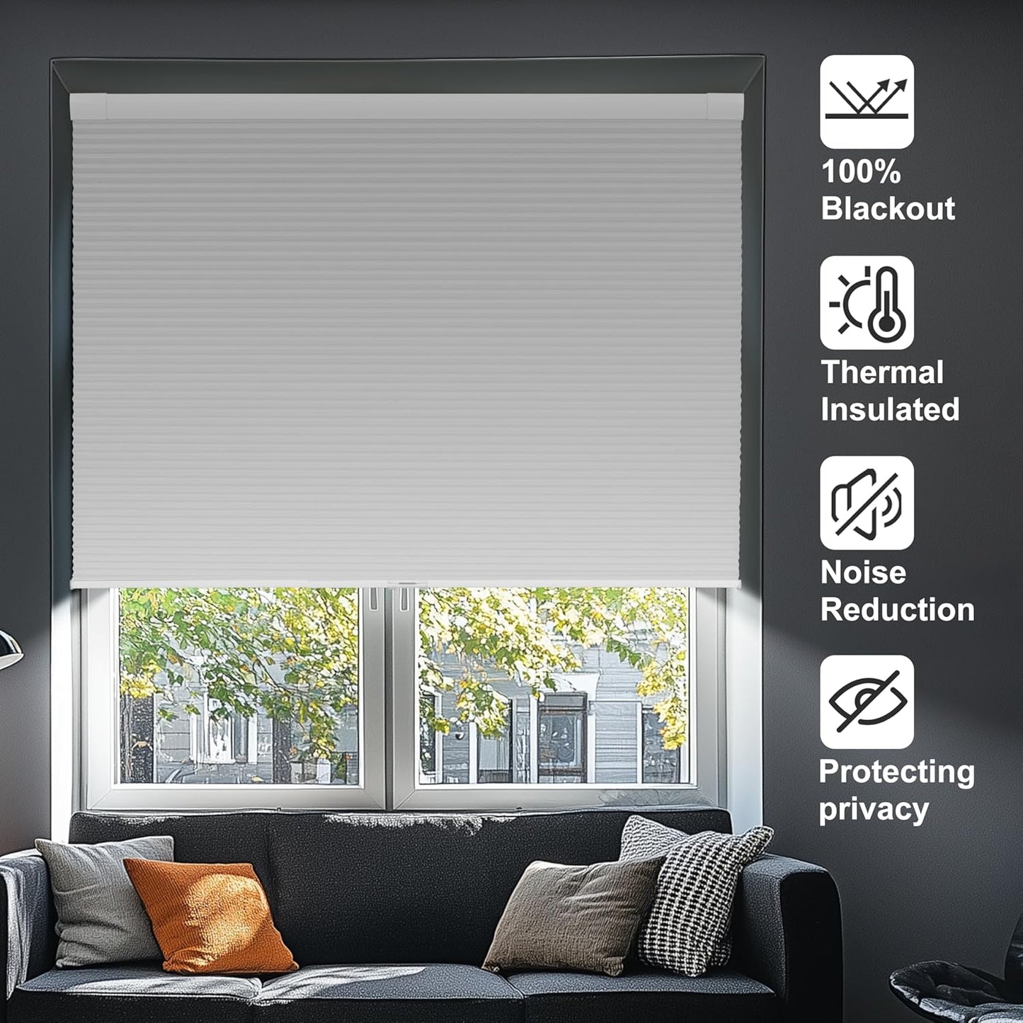 No Drill No Tools Blackout Cellular Shades Easy to Install for Indoor Windows Cordless Honeycomb Blinds Thermal Insulated Noise Reduction,White,Custom Size