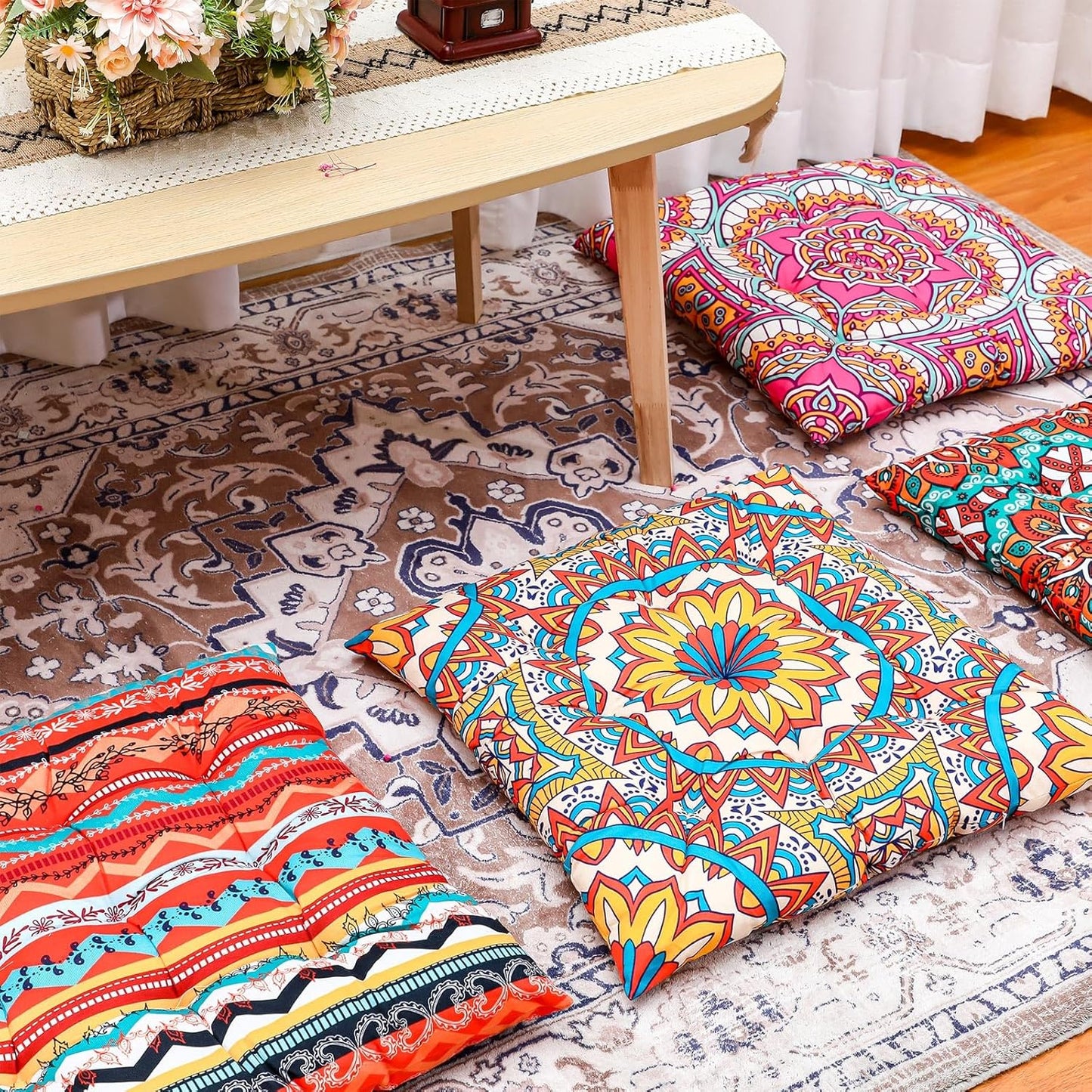 Nuogo 4 Pack Large 22 Inch Bohemian Floor Pillows Square Boho Floor Cushions Seating Pillows for Soft Yoga Meditation Pillow Mandala Pouf for Living Room Tatami Reading Nook(Exquisite)