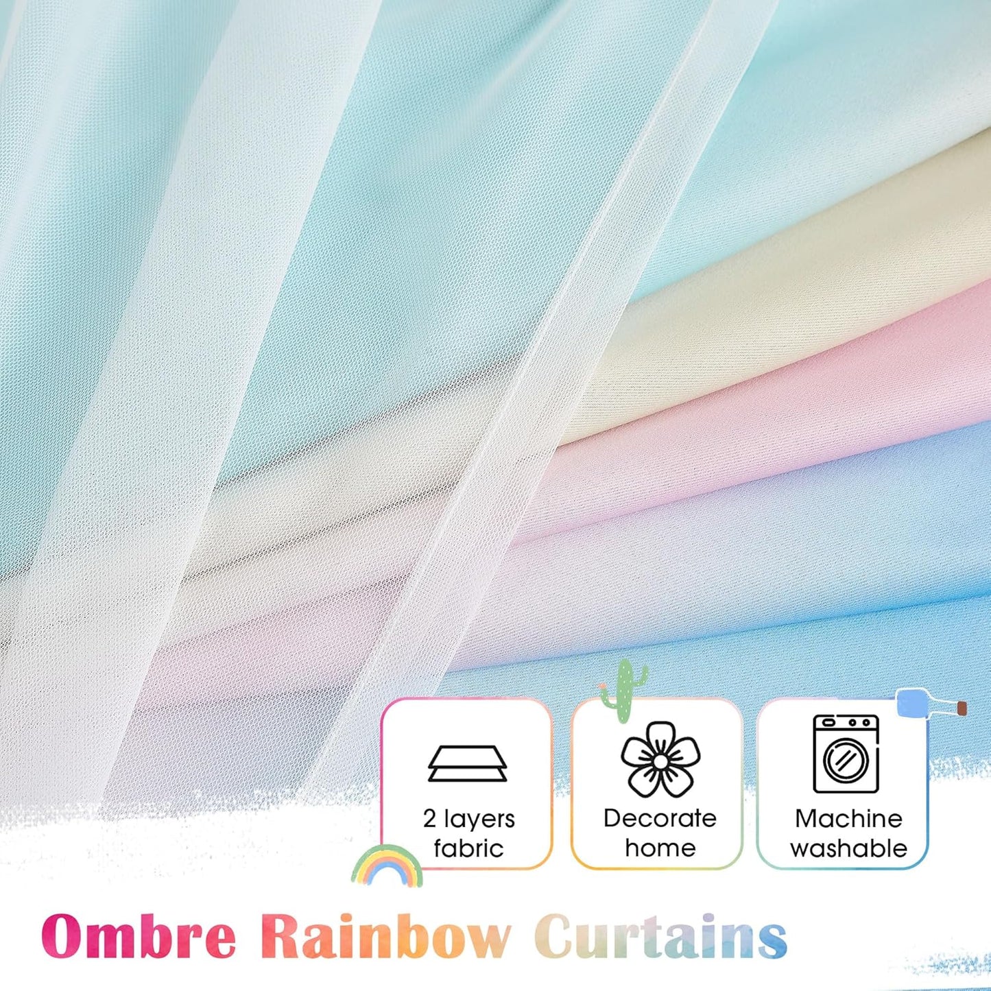 100% Blackout Curtains with Sheer Overlay Mix and Match Double Layer Drapes 84 Inch Long 2 Panels for Room Bedroom Ombre Rainbow Grommet Window Treatment with Tiebacks